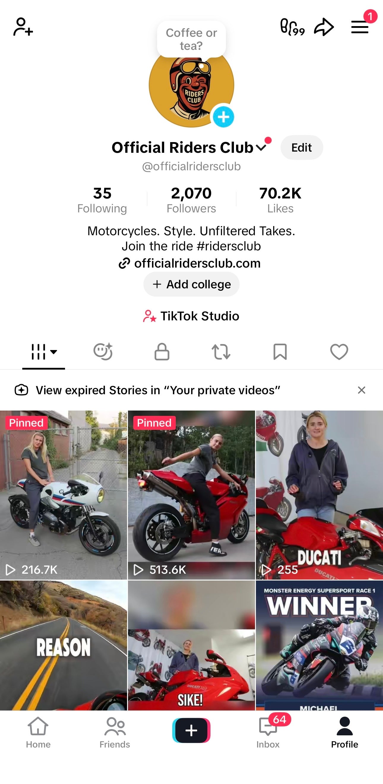 Official Riders Club TikTok profile preview